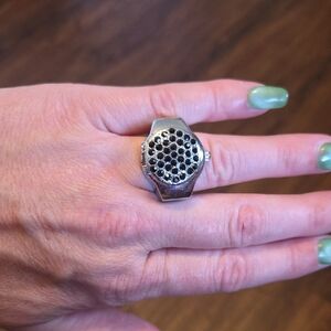 Geneva Silver Ring Watch with Black Accents